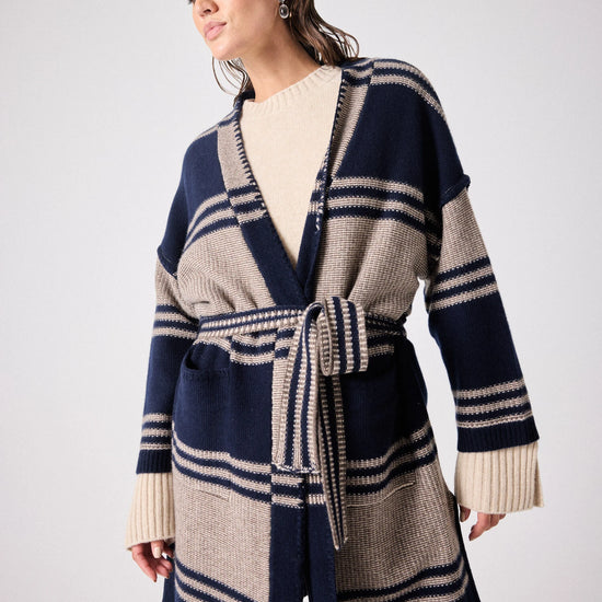 Stripe knit cardigan in navy and beige with tie belt