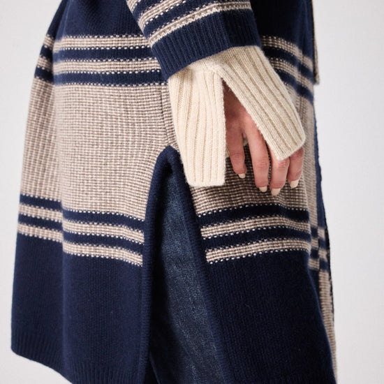 Stripe knit cardigan in navy and beige with tie belt