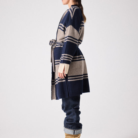 Stripe knit cardigan in navy and beige with tie belt side view