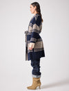 Stripe knit cardigan in navy and beige with tie belt side view