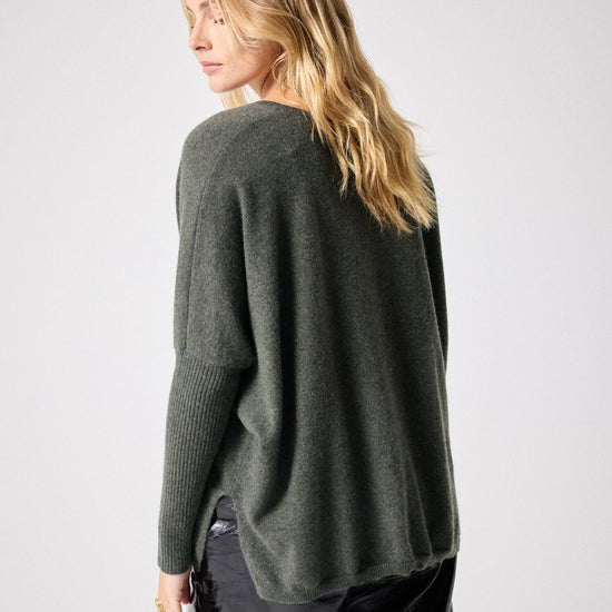 Dark green deep V cashmere knit with boxy fit rear view