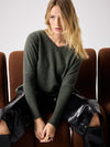 Dark green deep V cashmere knit with boxy fit model shot