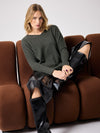 Dark green deep V cashmere knit with boxy fit model shot