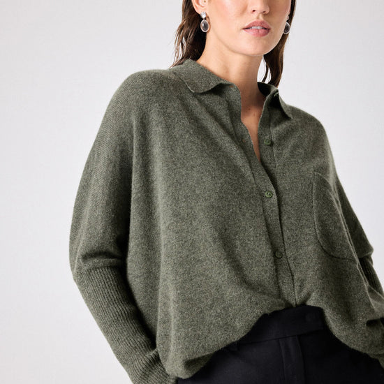 Button through cashmere knit with a collar and chest pocket