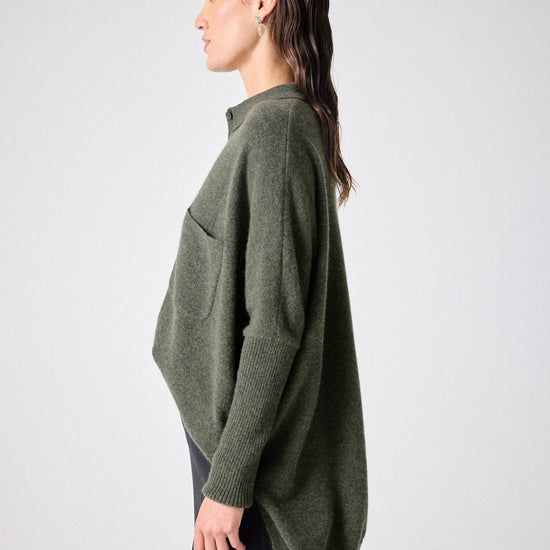 Button through cashmere knit with a collar and chest pocket side view