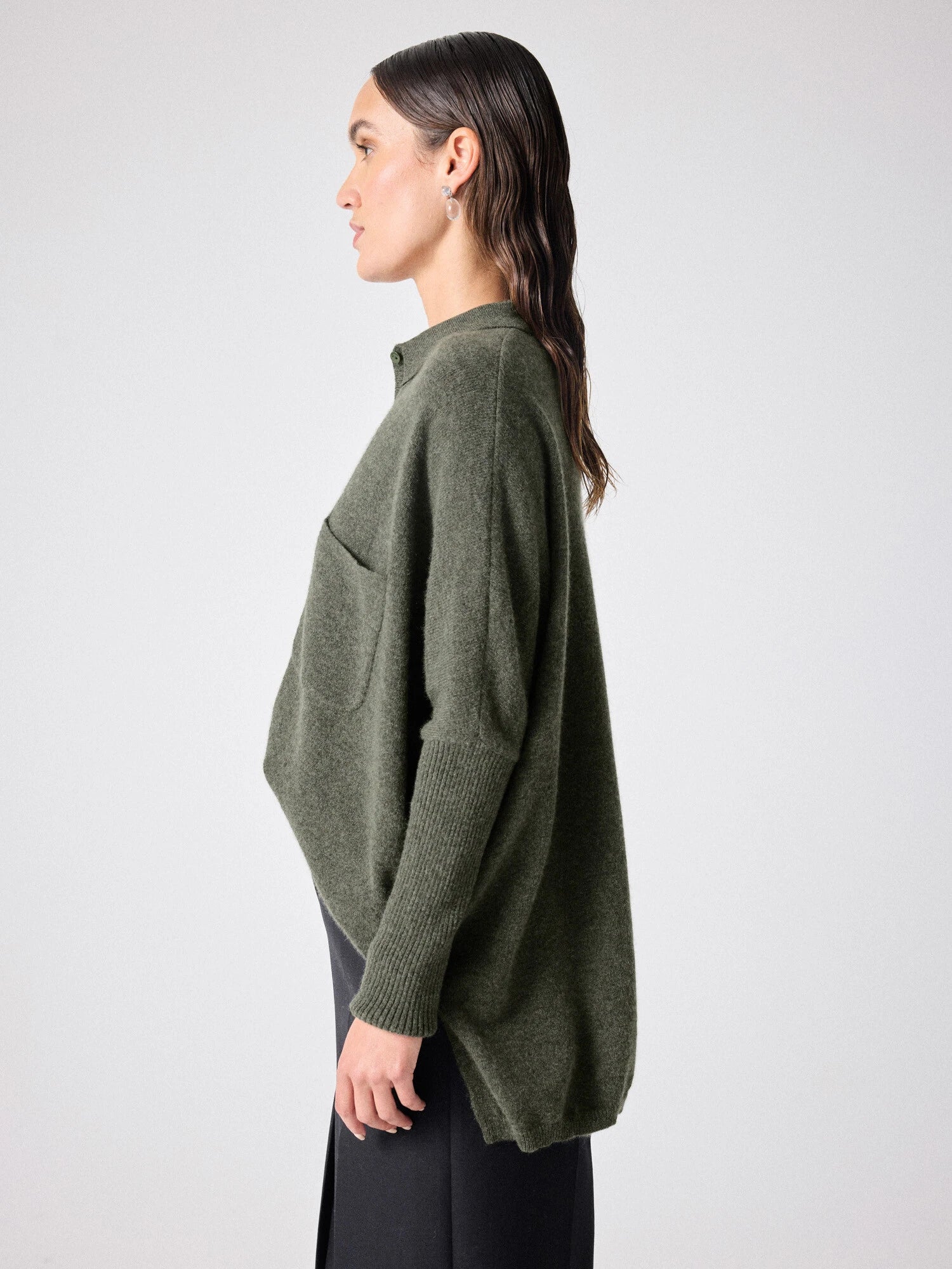 Button through cashmere knit with a collar and chest pocket side view