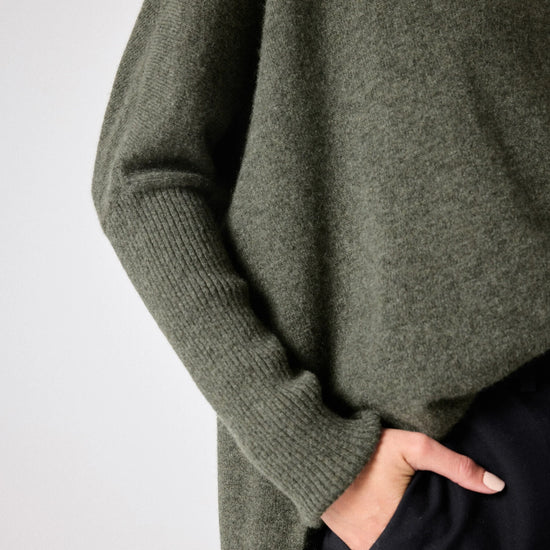 Button through cashmere knit with a collar and chest pocket close up of sleeve