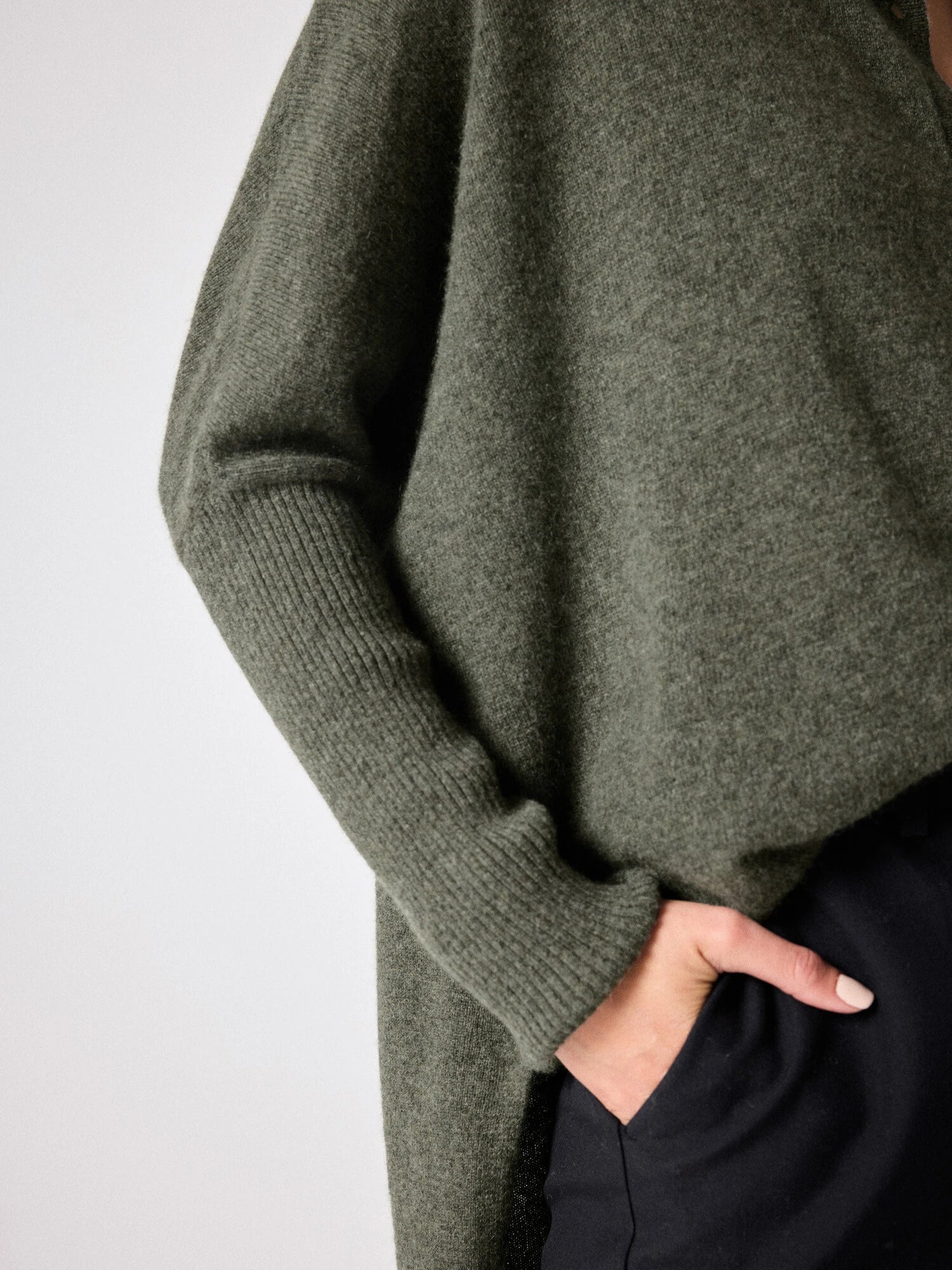 Button through cashmere knit with a collar and chest pocket close up of sleeve