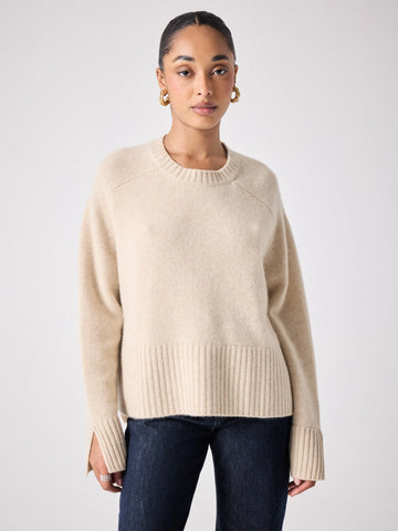 beige cashmere knit with ribbed neck and split cuffs 