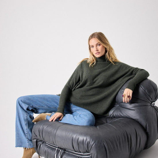 Dark khaki cashmere roll neck jumper