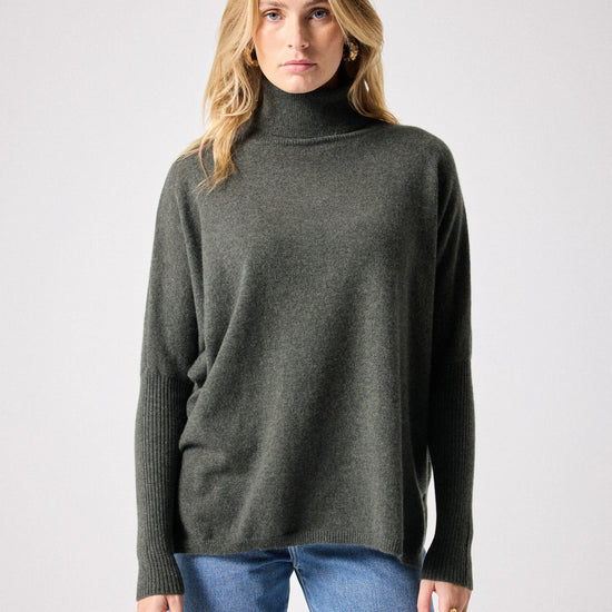 Dark khaki cashmere roll neck jumper