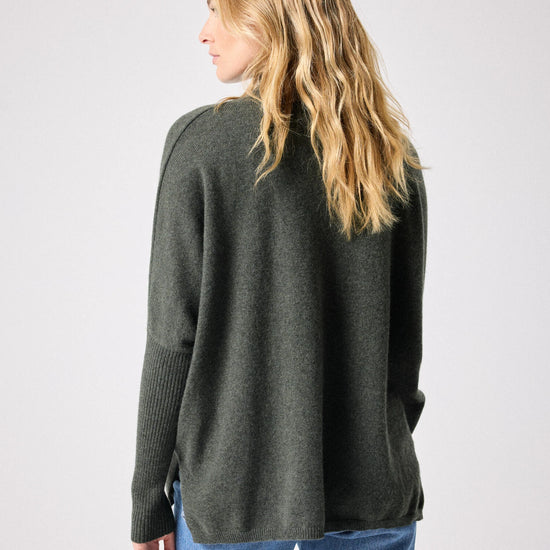 Dark khaki cashmere roll neck jumper rear view