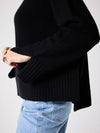 Black cashmere knit styled with denim