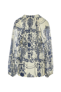 Long sleeved willow pattern inspired top with half placket and covered button fastening