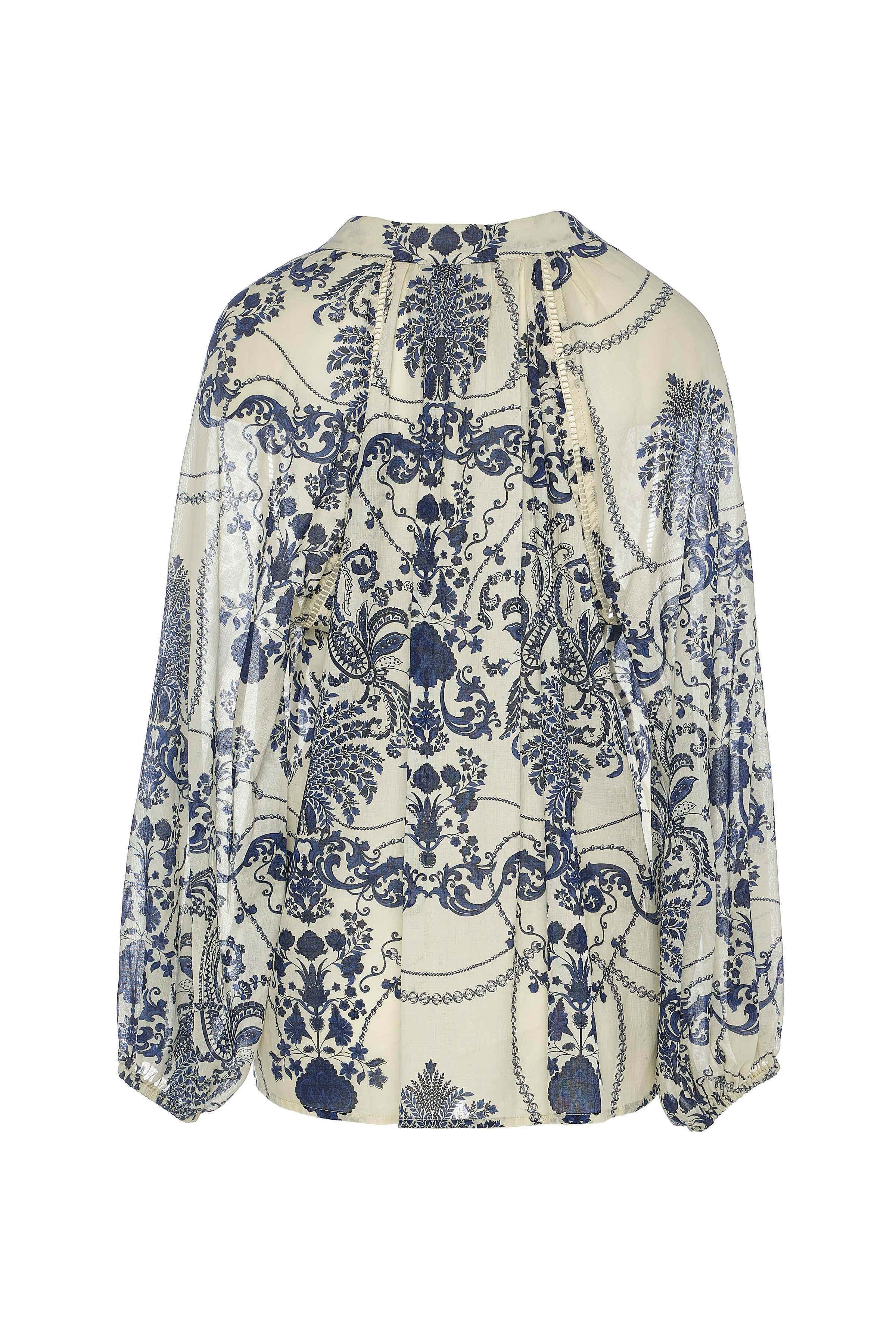 Long sleeved willow pattern inspired top with half placket and covered button fastening