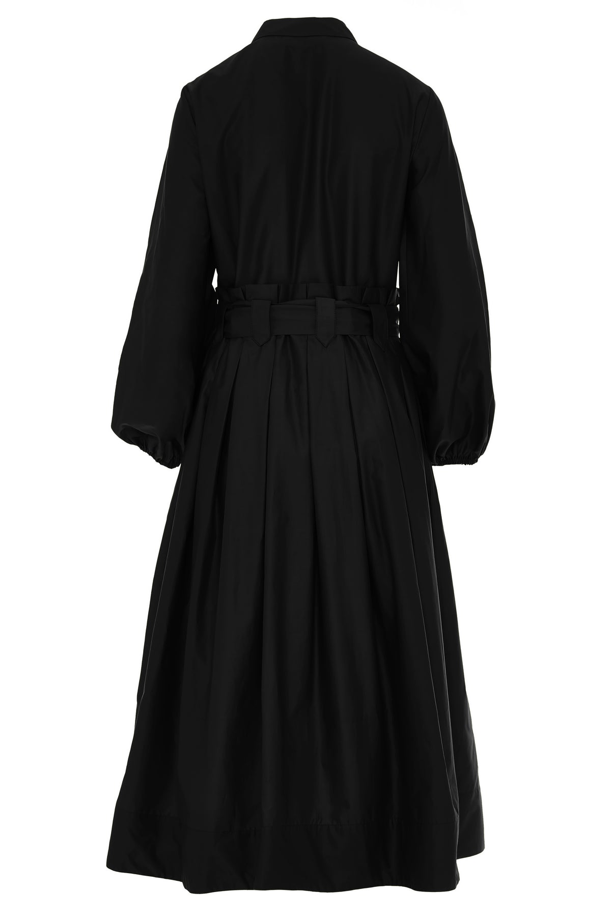 Black midi dress with half placket full skirt long sleeves collar and statement box pleats at waist and belt loops