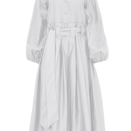 White midi dress with half placket full skirt long sleeves collar and statement box pleats at waist and belt loops