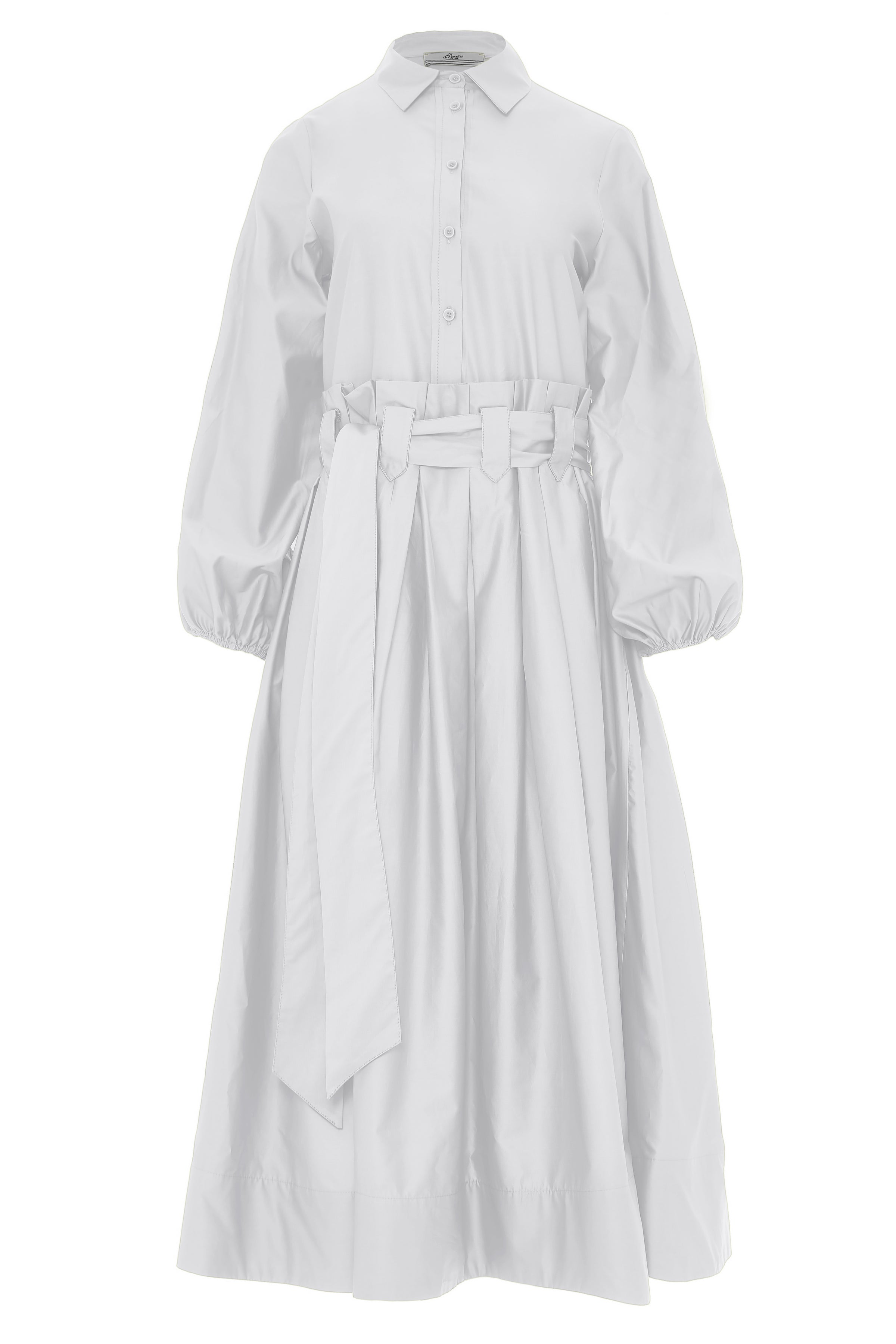 White midi dress with half placket full skirt long sleeves collar and statement box pleats at waist and belt loops