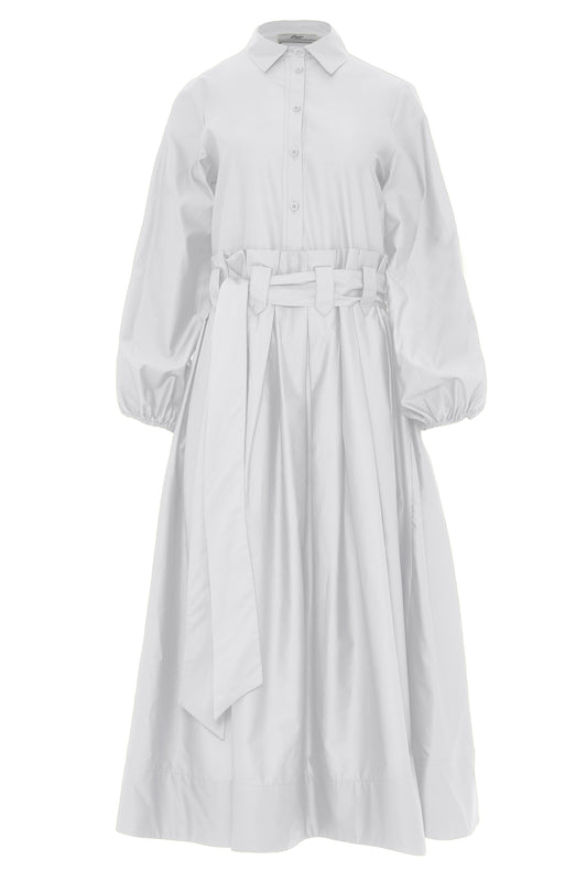 White midi dress with half placket full skirt long sleeves collar and statement box pleats at waist and belt loops