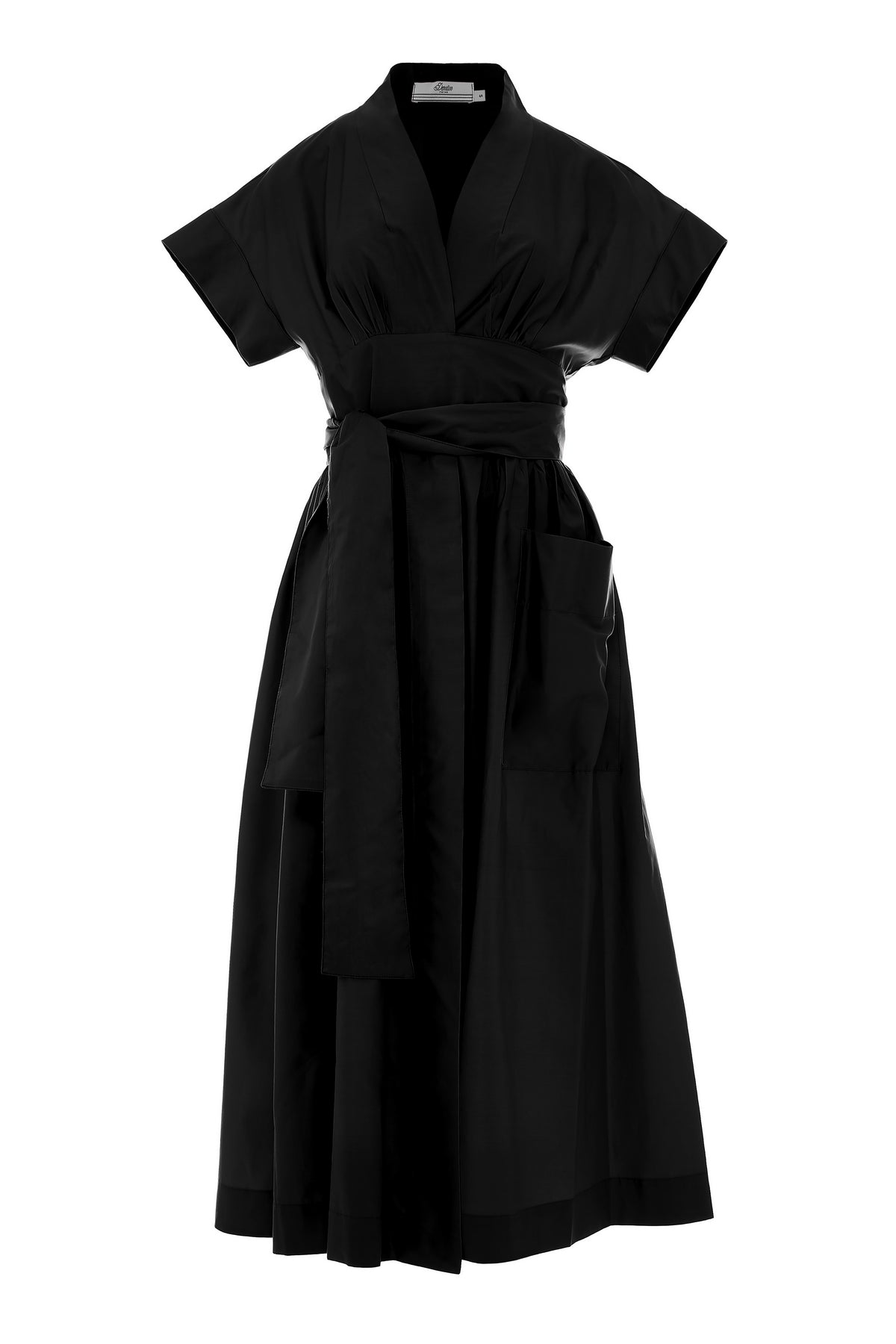 Black wrap midi dress with front patch pockets and shawl collar with short sleeves