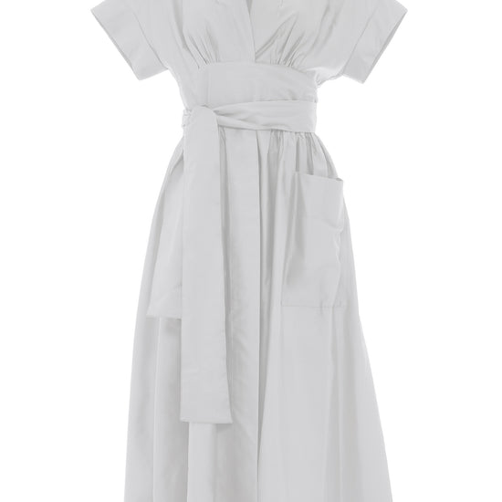 White wrap midi dress with front patch pockets and shawl collar with short sleeves