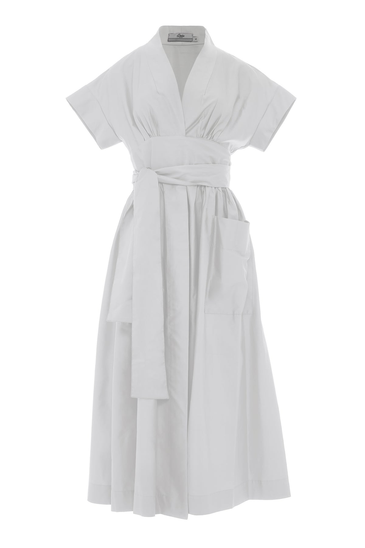 White wrap midi dress with front patch pockets and shawl collar with short sleeves