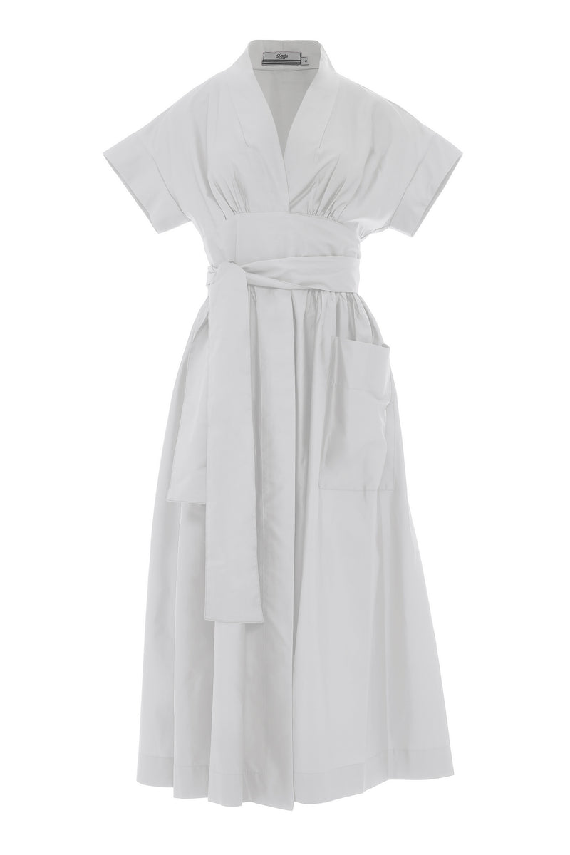 White wrap midi dress with front patch pockets and shawl collar with short sleeves
