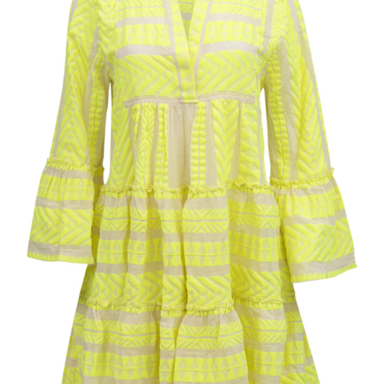 Ecru notch neck above the knee dress with long fluted sleeves and tripe tiered A line skirt with neon lime embroidery throughout