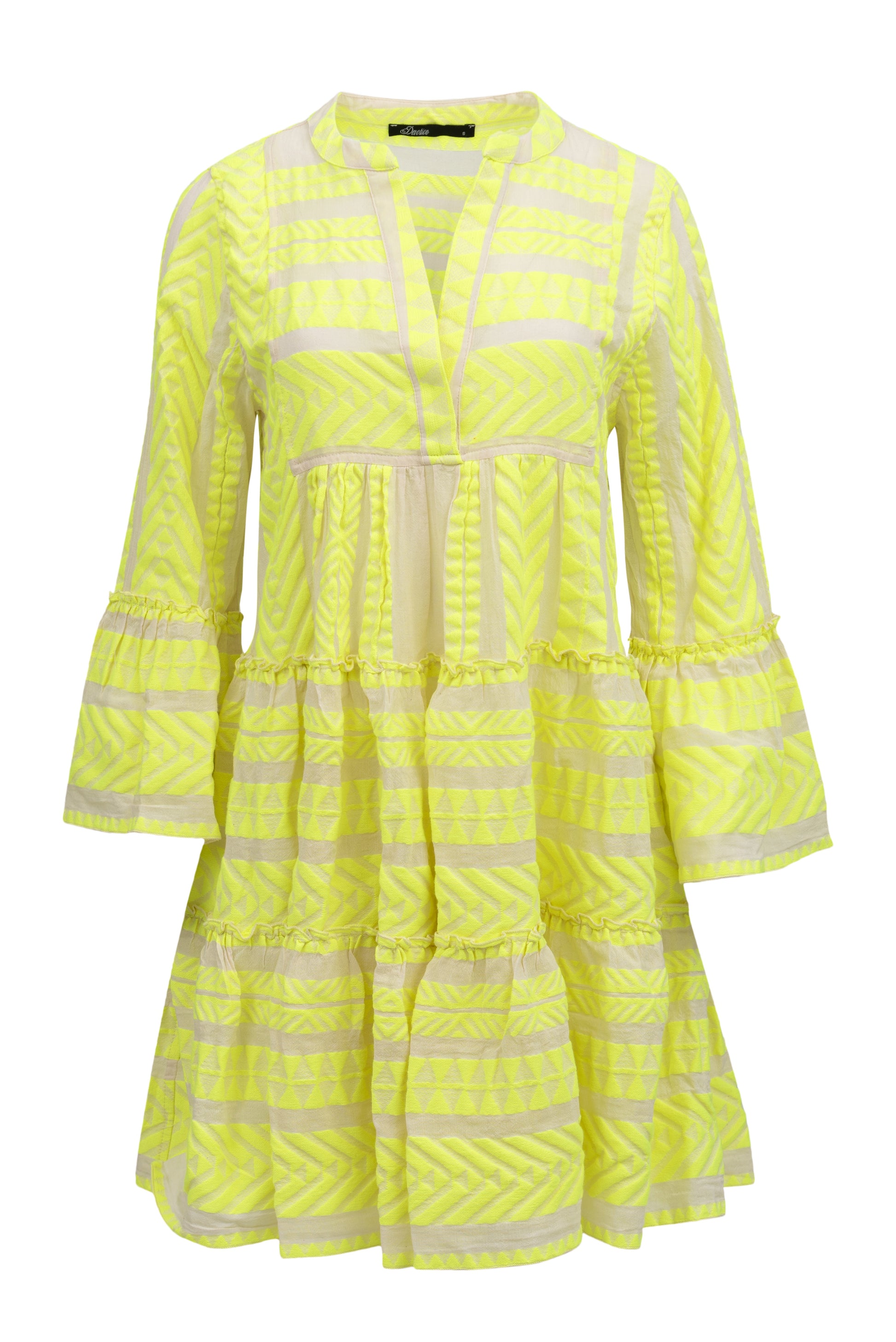 Ecru notch neck above the knee dress with long fluted sleeves and tripe tiered A line skirt with neon lime embroidery throughout