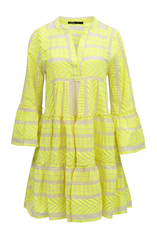 Ecru notch neck above the knee dress with long fluted sleeves and tripe tiered A line skirt with neon lime embroidery throughout