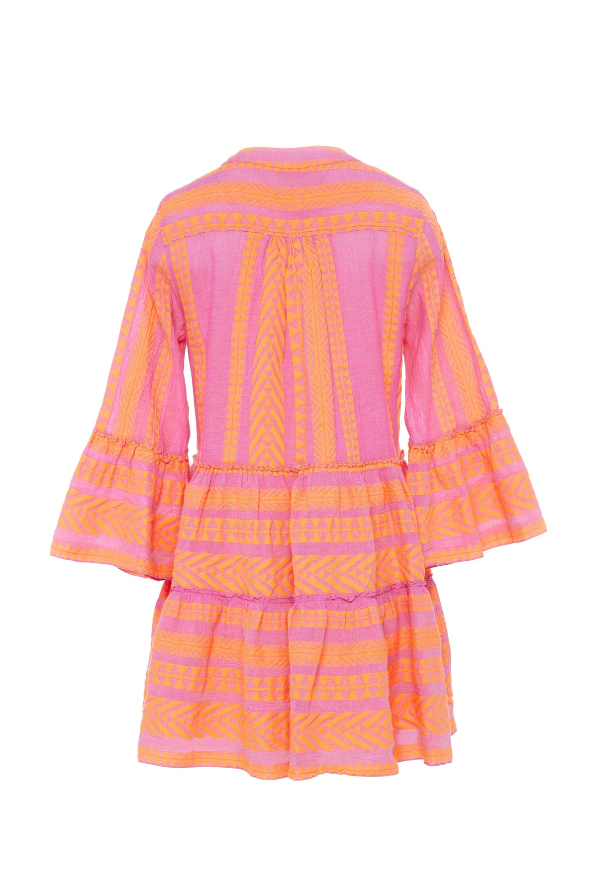 Fuscia pink notch neck above the knee dress with long fluted sleeves and tripe tiered A line skirt with neon orange embroidery throughout