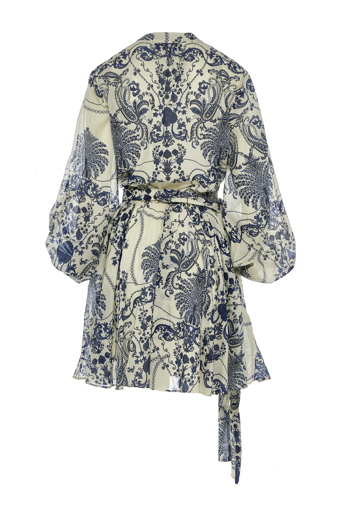 Willow print inspired short dress with fabric belt and long sleeves