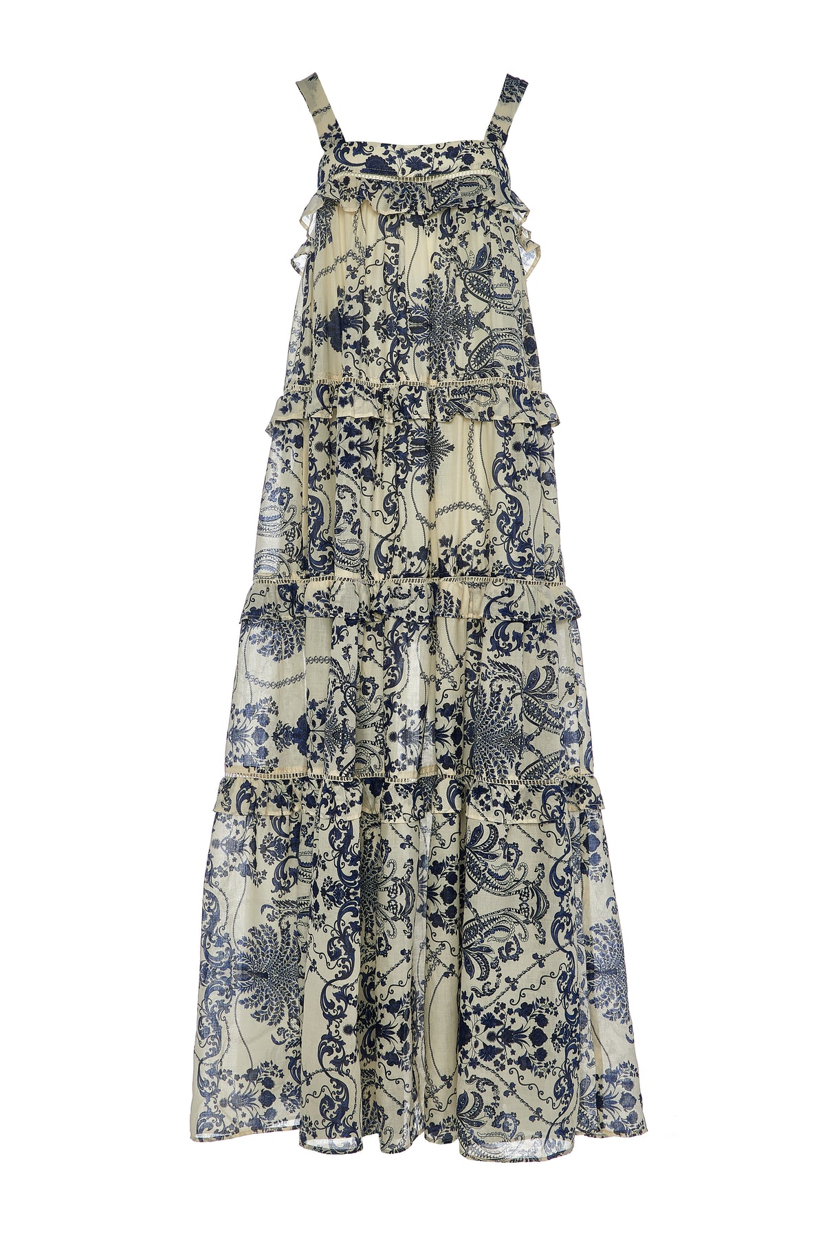 Long tiered maxi dress with ruffles in a navy and ecru willow inspired print