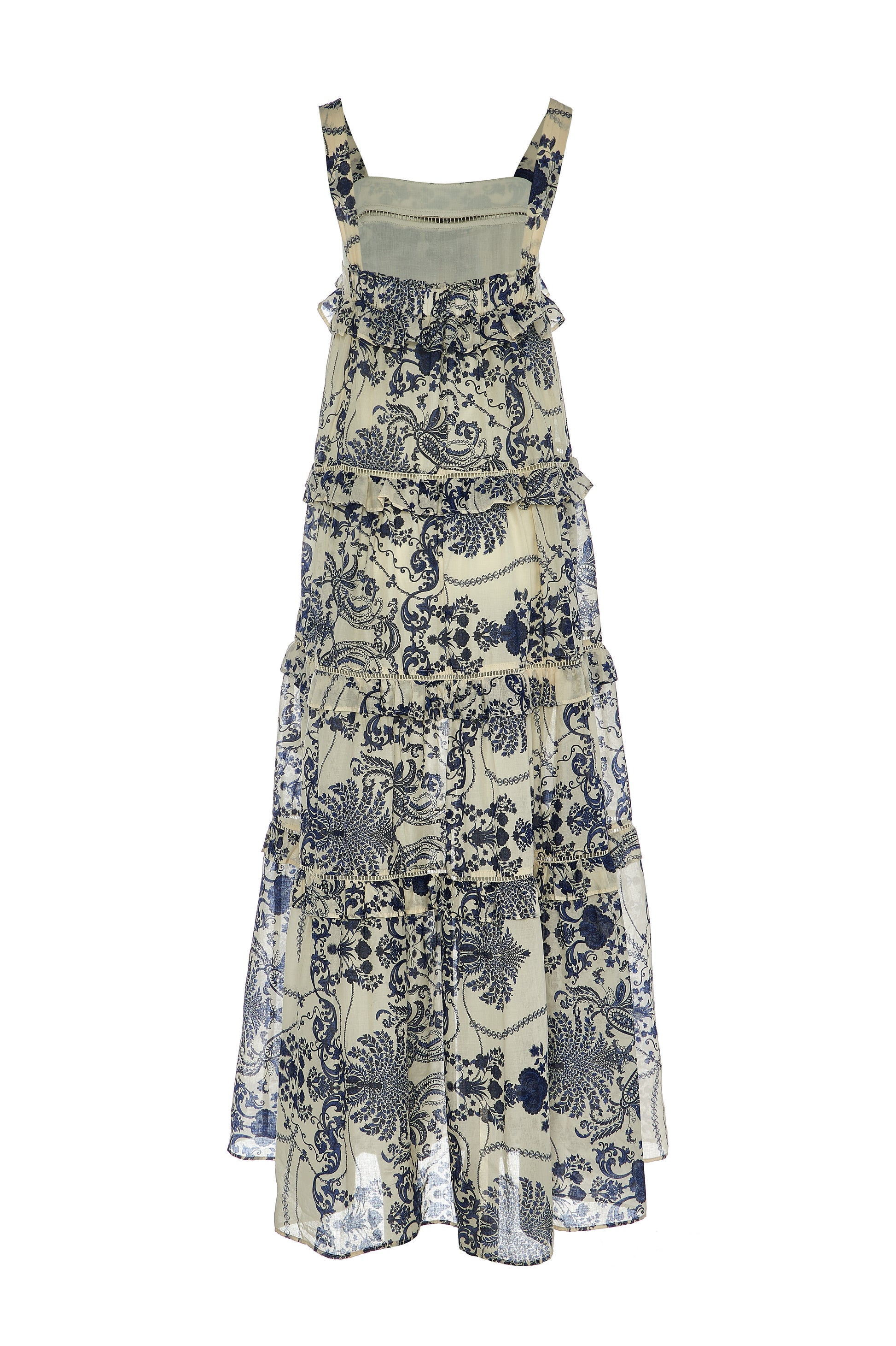 Long tiered maxi dress with ruffles in a navy and ecru willow inspired print