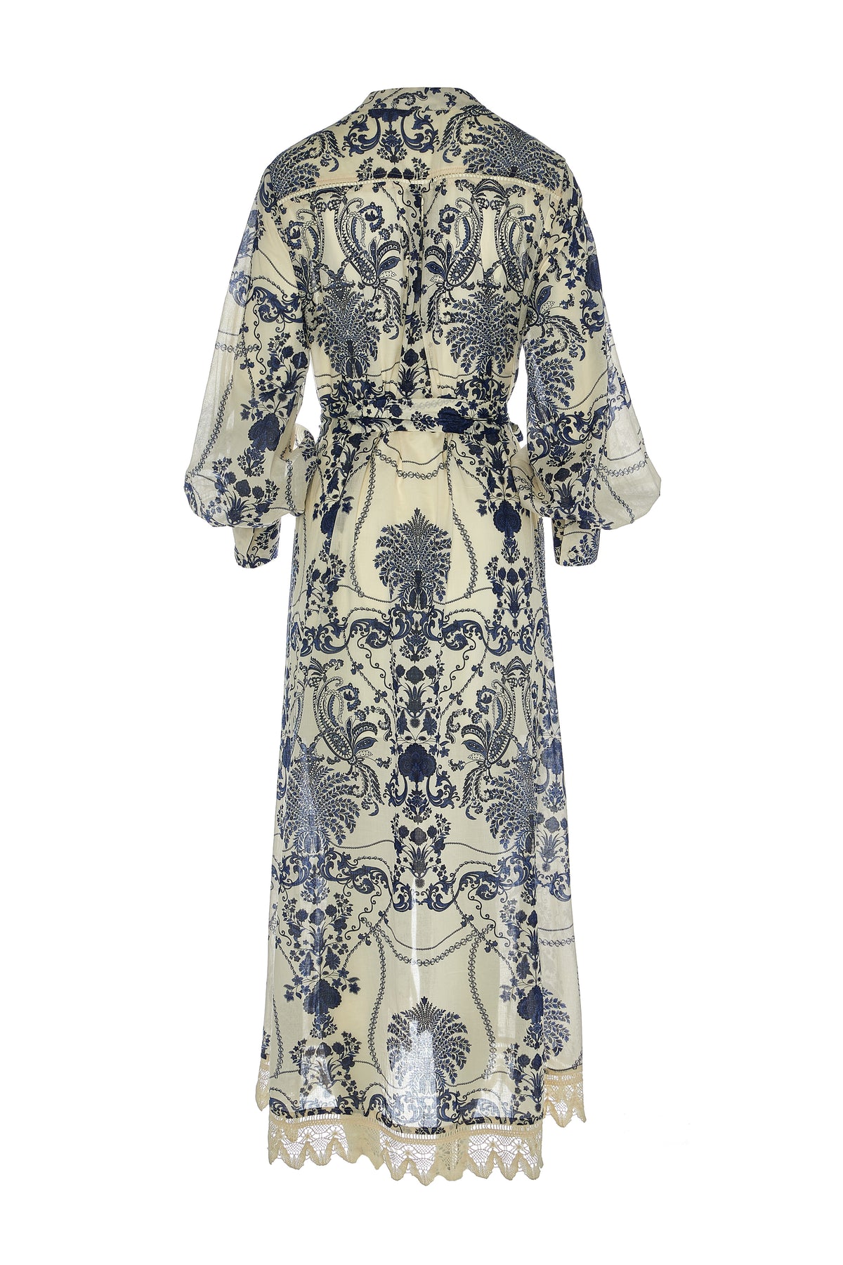 Maxi dress with lace trim and fabric belt with long sleeves and ladder inserts with a willow inspired pattern