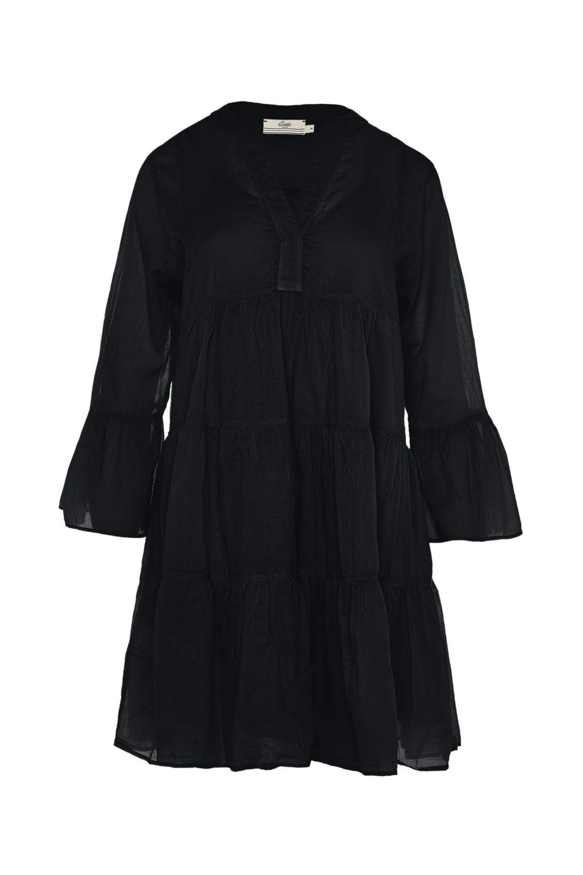 Black knee length lightweight beach dress  with long fluted sleeves and tiered skirt with notch neckline