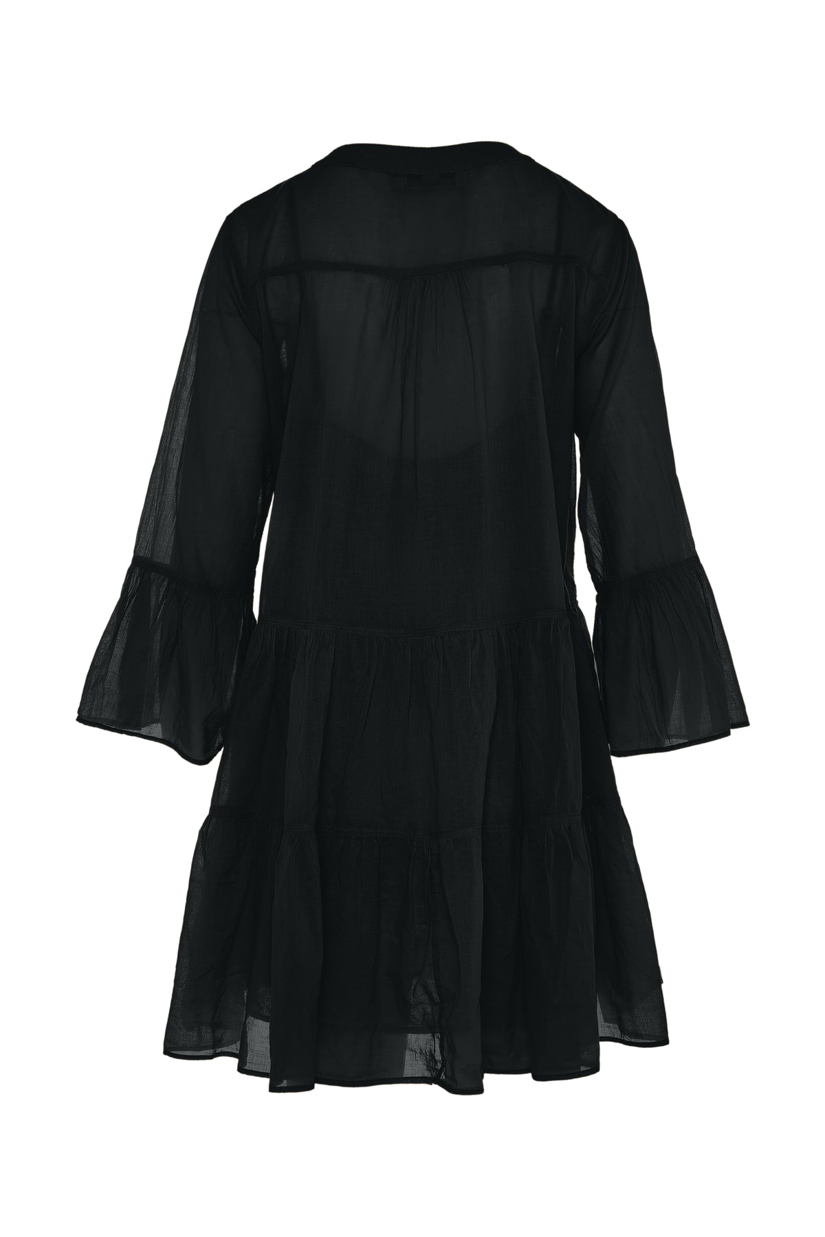 Black knee length lightweight beach dress with long fluted sleeves and tiered skirt with notch neckline
