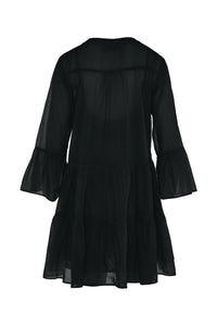 Black knee length lightweight beach dress with long fluted sleeves and tiered skirt with notch neckline
