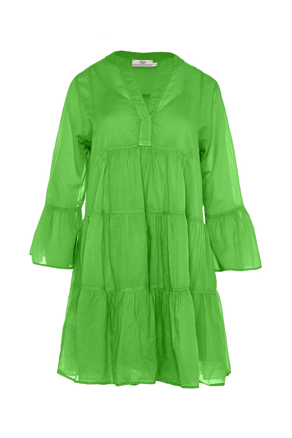 Green knee length lightweight beach dress with long fluted sleeves and tiered skirt with notch neckline