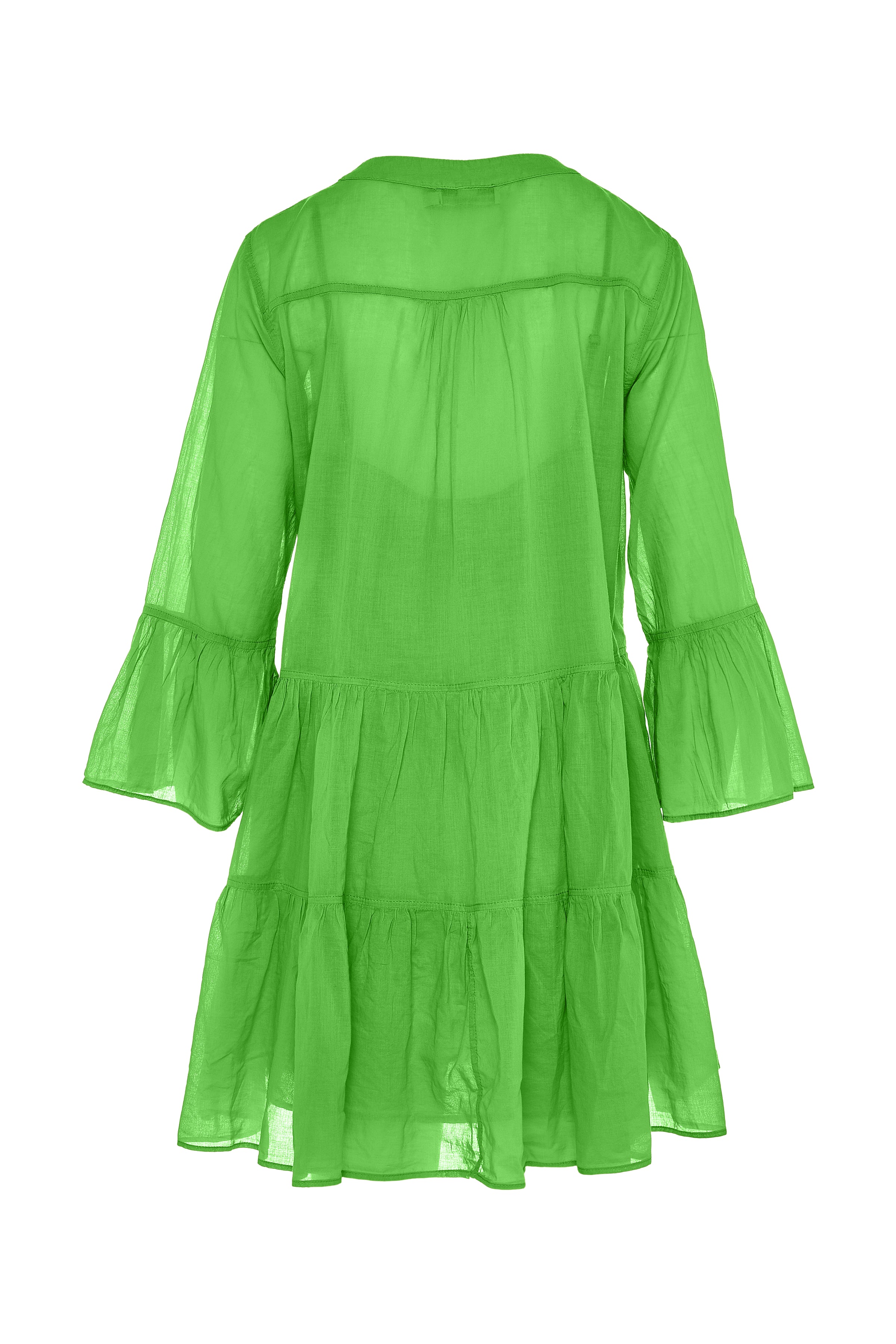 Green knee length lightweight beach dress with long fluted sleeves and tiered skirt with notch neckline