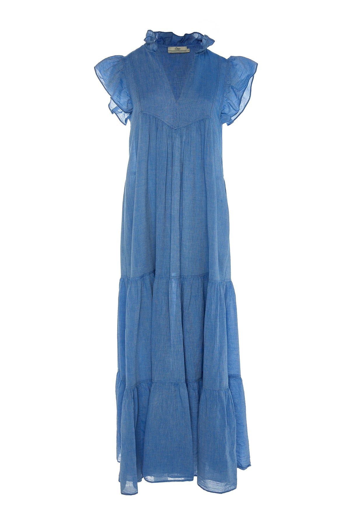 Maxi blue dress with ruffle short sleeves and collar with tiered skirt