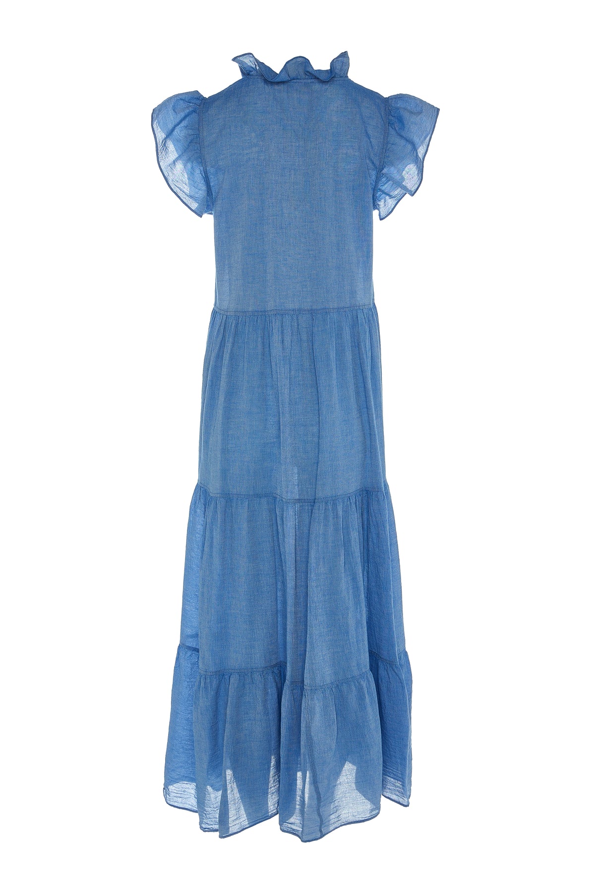 Maxi blue dress with ruffle short sleeves and collar with tiered skirt