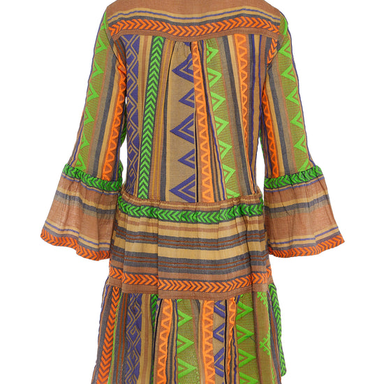 Biege notch neck beach dress with long fluted sleeves and tiered skirt with neon green orange and purple embroidery