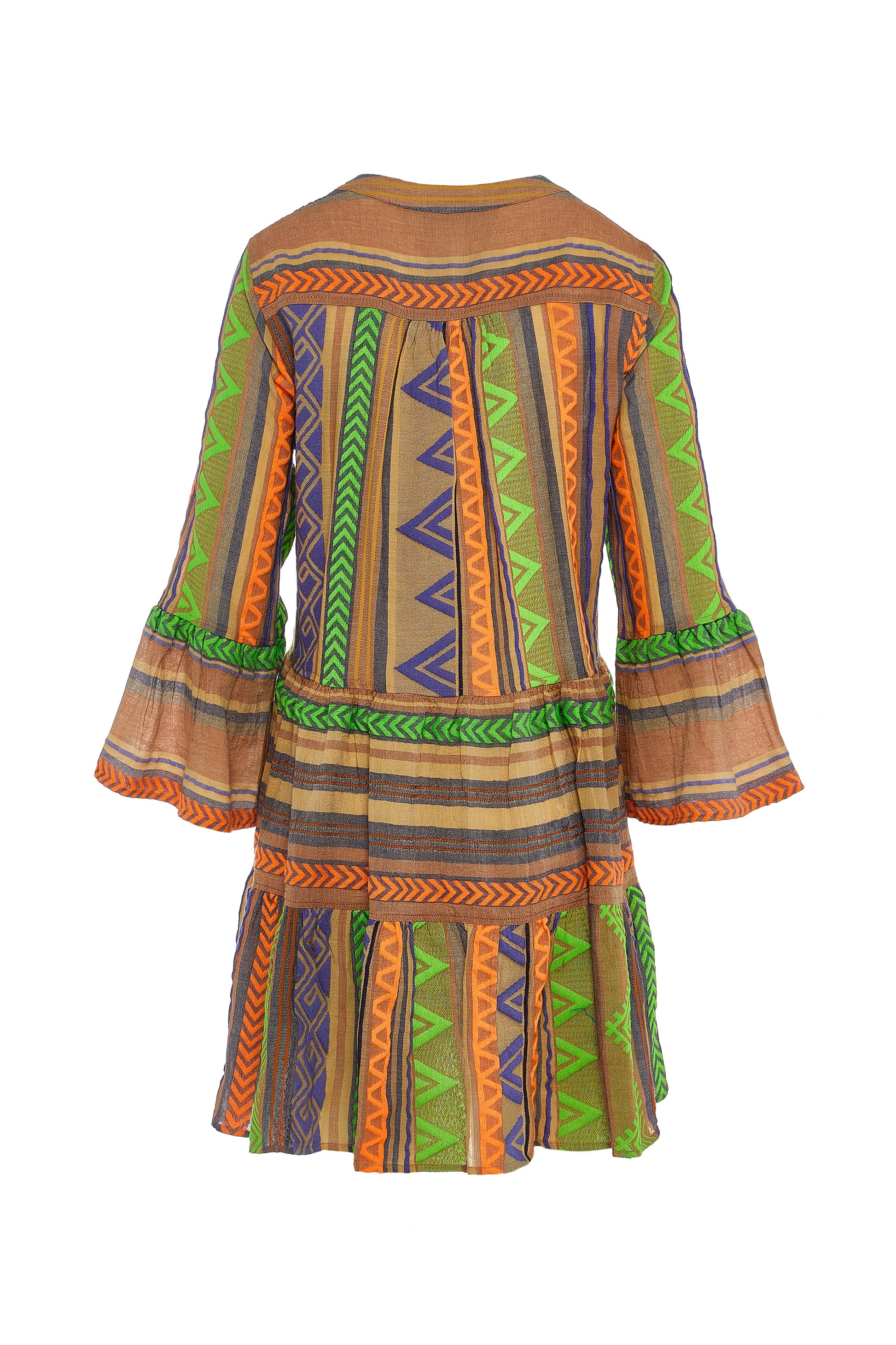 Biege notch neck beach dress with long fluted sleeves and tiered skirt with neon green orange and purple embroidery