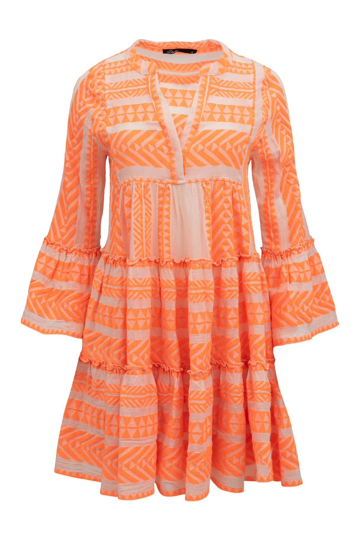 Ecru and neon orange beach dress knee length with tiered skirt notch neck and flared long sleeves