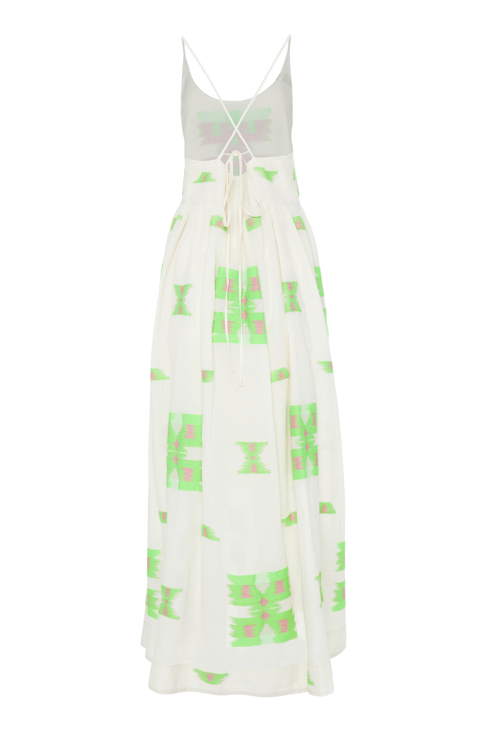 Ecru midi dress with empire line and spaghetti straps that cross at the back with green and pink abstract woven design throughout