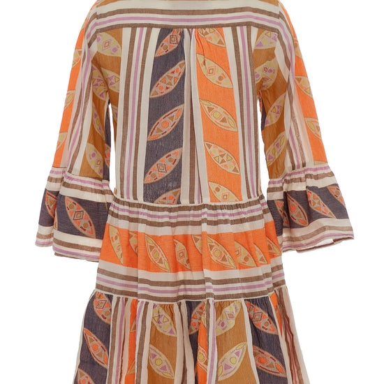 Notch neck short beach dress with long fluted sleeves and tiered skirt in orange and brown with lilac features