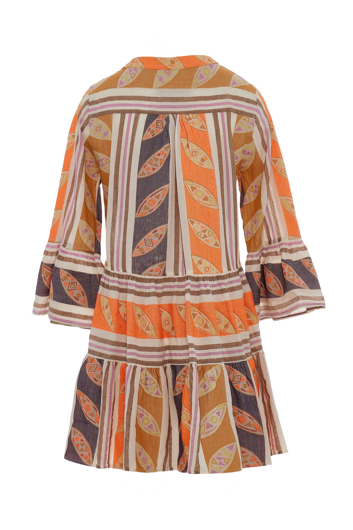 Notch neck short beach dress with long fluted sleeves and tiered skirt in orange and brown with lilac features