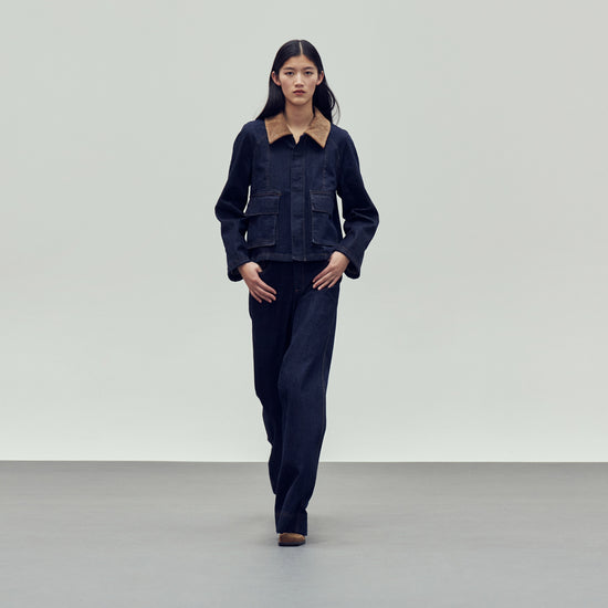 dark blue denim jacket with brown collar