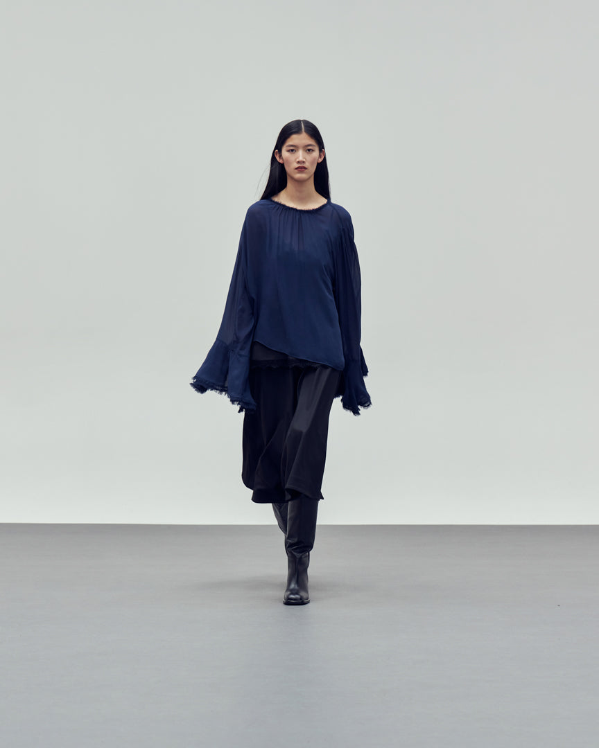 Blue round neck top with ruffled sleeves